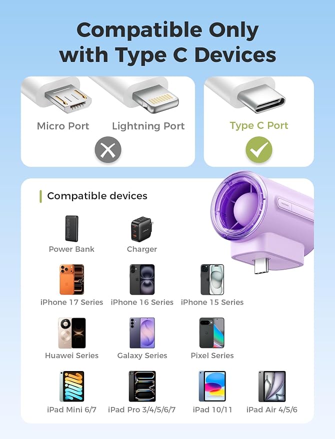 Aecooly Powerful USB C Phone Fan, 17000 RPM High Speed, Compatible with iPhone, iPad, Tablet, 4 Speed Mini Portable Cell Phone Fan Attachment for Summer, Travel, Gifts for Women-Purple - Image 8