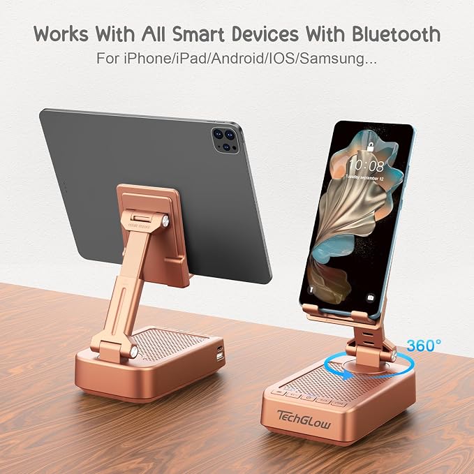 TechGlow Gifts for Men Women Foldable Cellphone Stand with Bluetooth Speaker and Charging Function 360° Rotatable Phone Stand Birthday Gift Idea for Mom Dad Cool Tech Gifts-Rose Gold - Image 4
