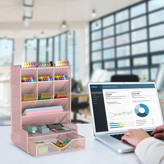 BOHDK Pen Organizer for Desk, Multi-Functional Desk Organizer, Wall Mount Pen Holder with Drawer for School, Office, Home, Art Supplies, Pink - Image 2