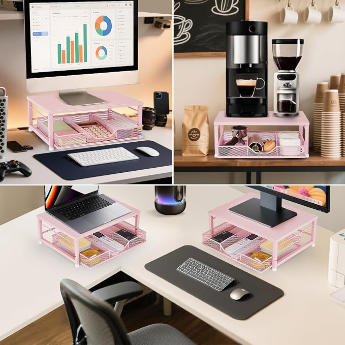 Small Pink Laptop Stand for Desk, Monitor Stand, Office Desk Accessories, Computer Desktop Stand with Drawer for Home, Office, School (Pink) - Image 4