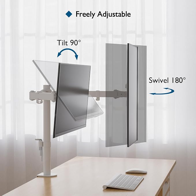 BONTEC Dual Monitor Desk Mount, 13-27 Inch, 22lbs, VESA 75x75/100x100,White | Full Motion Adjustable Stand, Heavy Duty Arms, C Clamp and Grommet Base, Cable Management for Flexible Screen Positioning - Image 4