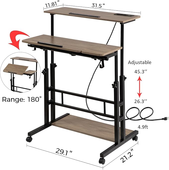 Hadulcet Rolling Stand Up Desk Adjustable Height - Portable Standing Desk with Wheels & Charging Station, Mobile Laptop Desk Small Standing Desk Drawing Table, Grey - Image 3