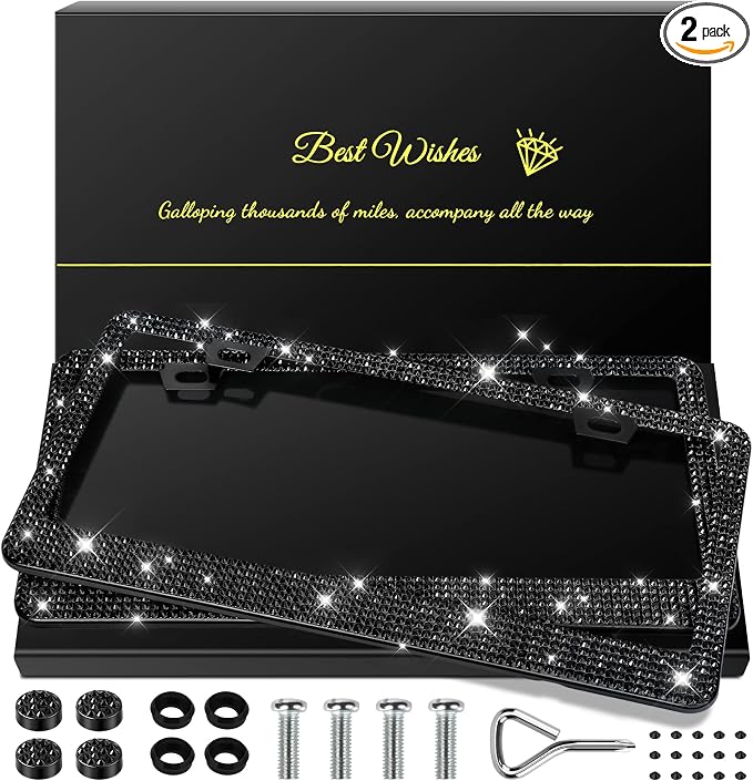 QUANQIUFEI 2 Pack Bling License Plate Frames for Women, Sparkly Rhinestone Diamond Car Accessories with Glitter Crystal Caps (Black) by QUANQIUFEI