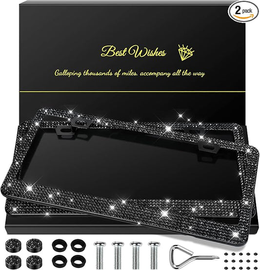 QUANQIUFEI 2 Pack Bling License Plate Frames for Women, Sparkly Rhinestone Diamond Car Accessories with Glitter Crystal Caps (Black) by QUANQIUFEI