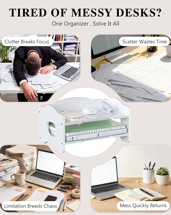 WALI Desk File Organizer, 2 Tier Stackable Desktop Paper Letter Tray Organizer with Handle, Office Desk Accessories & Workspace Organizers for Office, Home, School Supplies, 1 Pack, White - Image 2