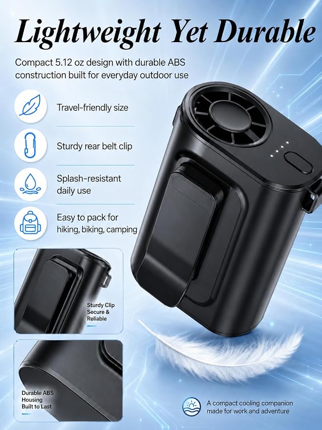 Waist Fan Portable Ultra Lightweight Design | Belt Clip on Fan for Shirt, Up to 36H Runtime, High Speed 18000RPM Strong Airflow, Neck Body Fan Camping Essentials - Image 6