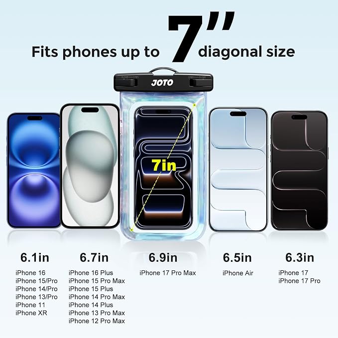 JOTO Up to 7" Universal Waterproof Phone Case for iPhone 16 15 14 13 Plus Pro Max, IPX8 Cellphone Dry Bag 12 11 Pro Max XR X 8 7 6S Plus SE, Galaxy S23 S22 S21 S20+ S20 S10 Plus Note, Pixel -Sparkle - Image 4