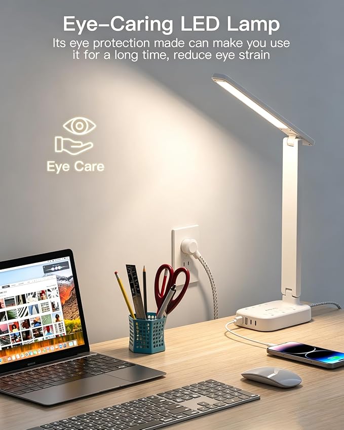LED Desk Lamp, 10Ft Power Strip with 3 Outlets 4 USB Ports(2 USB C), White | One Beat 4 Modes 5 Level Brightness Touch Lamp, Small Desk Lamp for Home Office College Dorm Essentials, Study Reading Light - Image 4