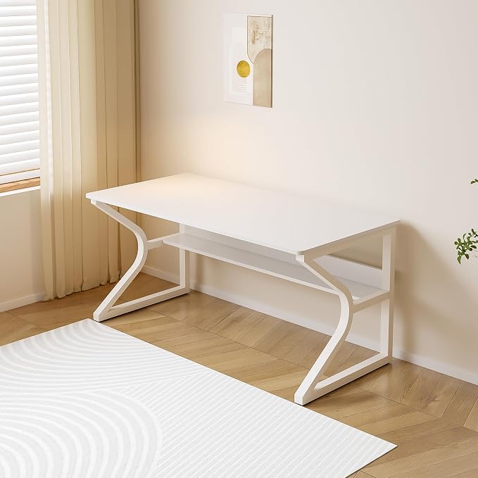 OSCHF 47.3-Inch Writing Desk with Storage Shelf, Warm White | Space-saving, Single-Person Workstation, Modern Study Gaming Computer Desk, Suitable for Home Office, Bedroom and Dorms - Image 6