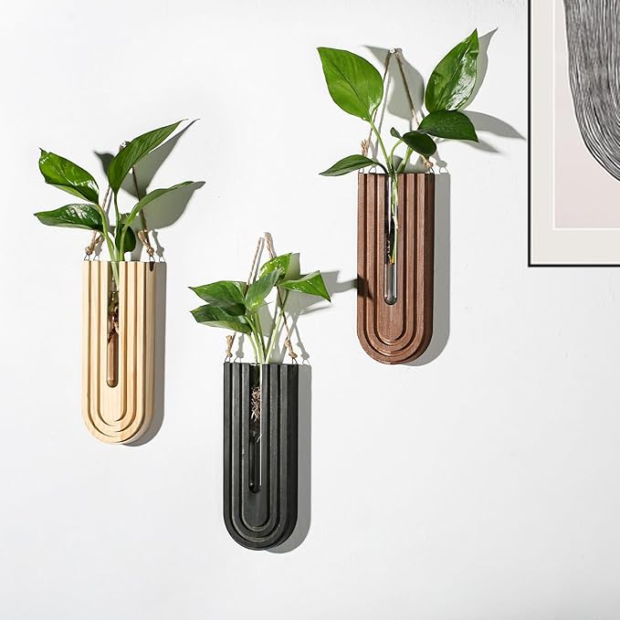 Dnnnii Indoor Wood Wall Planter Set of 3 for Plants - Boho Handmade Hanging Propagation Station with Curved Rainbow Design, Wall Mounted Vase for Flowers, Natural Home Decor Living Room Entryway - Image 2