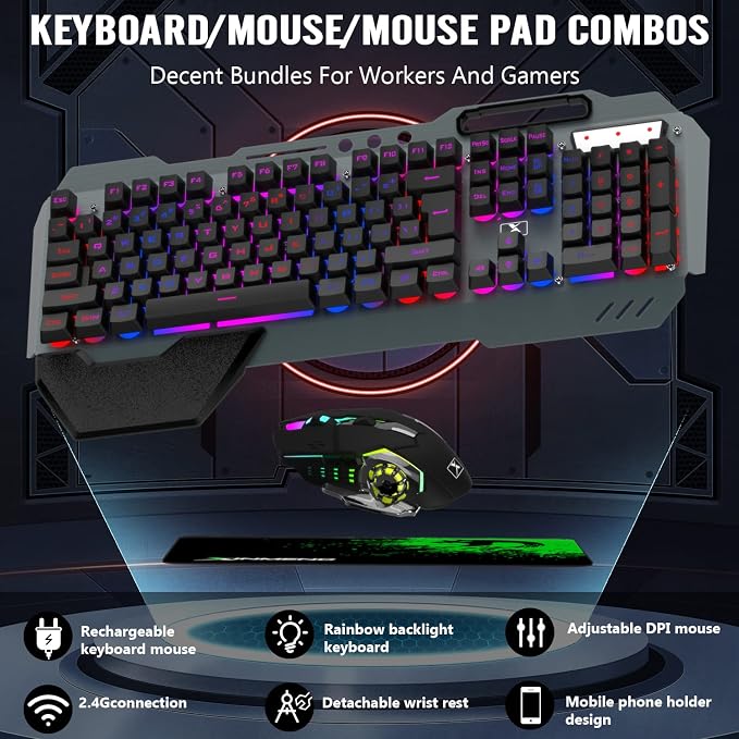 Wireless Gaming Keyboard and Mouse Combo,Rainbow LED Backlit Keyboard with Rechargeable 3800mAh Battery Metal Panel,Removable Wrist Rest Mechanical Feel and 7 Color Mute Gaming Mice for PC PS4 PS5 - Image 3