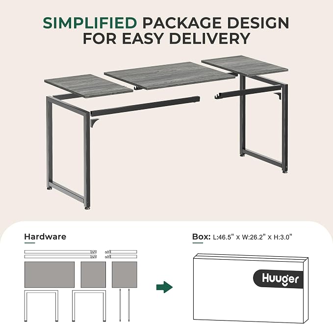 Huuger Computer Gaming Desk, 63 Inch Office Desk with Storage, Writing Work Surface for Home Office, Study, Modern Simple Style, Large Legroom, Metal Frame, Grey - Image 8