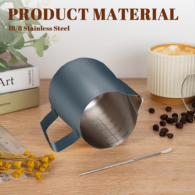 Amrules Milk Frothing Pitcher, 12 oz Milk Frother Cup with Clear Scale, 304 Stainless Steel Cappuccino Espresso Machine Accessories for Barista Coffee Bar with Latte Art Pen, Blue - Image 5