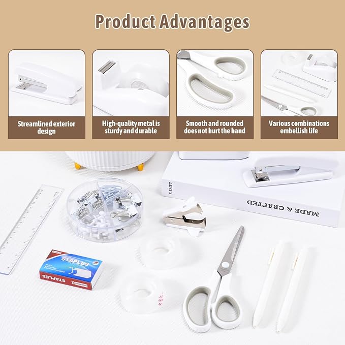Gawsey White Desk Organizers and Accessories with Desk Organizer 360° Rotating Pen Holder and Office Supplies, Cute Stationery Supplies Set - Image 5