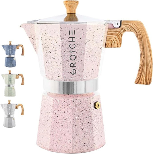 GROSCHE Milano Stovetop Espresso Maker Moka Pot 9 espresso Cup 15.2 oz Pink | Cuban Coffee Maker And Italian Moka Pot For Stovetop Espresso; For Gas, Electric, And Propane Stoves With A Soft-Touch Handle by GROSCHE