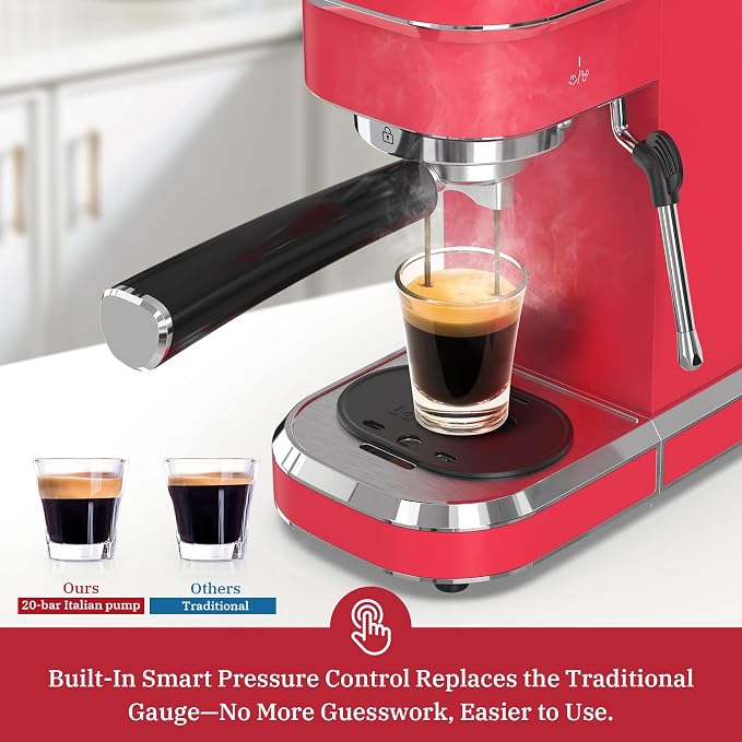 Espresso Machine 20 Bar, Professional Espresso Maker with Milk Frother Steam Wand, Compact Coffee Machine with Removable Water Tank for Cappuccino, Latte, Gift for Dad or Mom, Stainless Steel, Red - Image 4