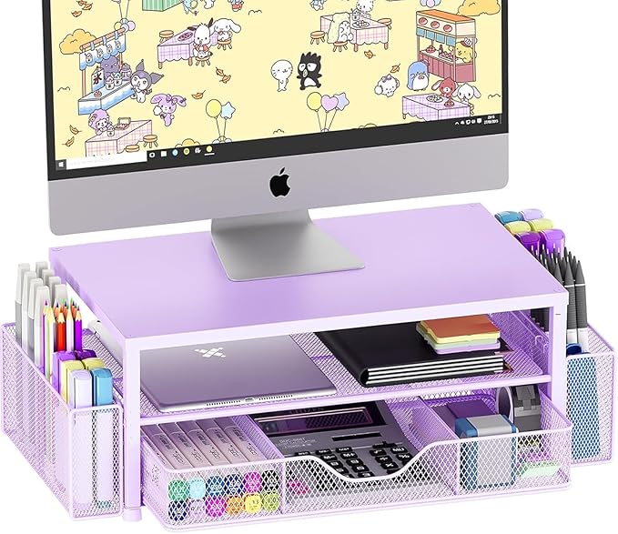 OPNICE Desk Organizers and Accessories, 2-Tier Computer Monitor Stand Riser with Drawer and 2 Pen Holders, Laptop Stand, Office Desk Accessories & Office Decor for Women, Purple by OPNICE