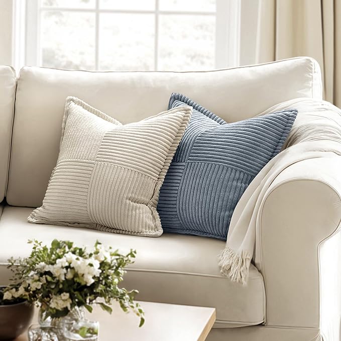 MIULEE Decorative Throw Pillow Covers for Couch Bed Livingroom 16x16 Inch Set of 2 Dustyblue Boho Accent Throw Pllows Broadside Striped Patchwork Soft Corduroy Pillowcases - Image 3