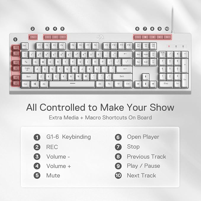 Redragon K512 RGB Membrane Gaming Keyboard, 6 Macro Keys & Easy Media Wheel | Dedicated Scroll Controls, No Software Needed 6 On-the-Fly Combos for Extensive Games, 13 Backlight Modes, Wrist Support - Image 3