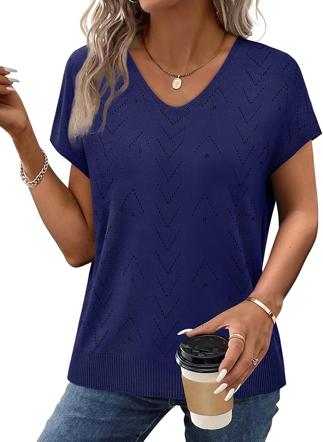 WIHOLL Short Sleeve Sweater for Women V Neck Trendy Cute Tops Business Casual Outfits Cap Sleeve - Image 4