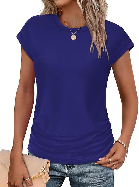 Sampeel Womens Summer Tops Trendy 2026 Ruched Cap Short Sleeve Tshirts Shirts Crew Neck T Shirts Fashion by SAMPEEL