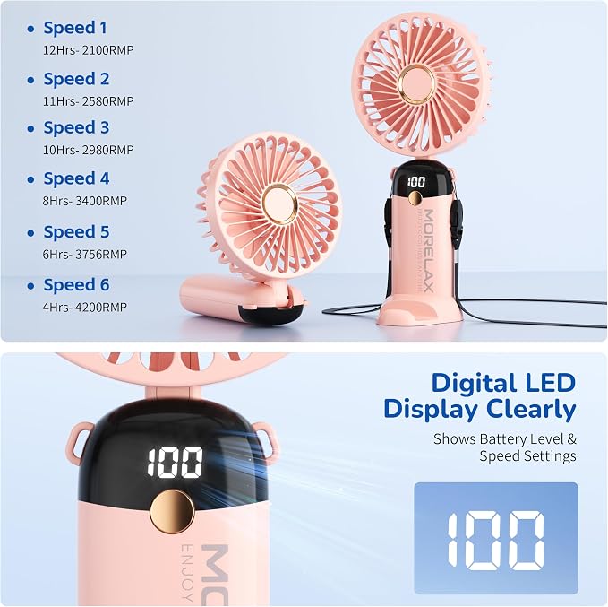 Morelax Handheld Mini Fan,USB Rechargeable Fodable Personal Fans 4000mAh,90 Adjustable, 6 Speed Strong Wind,Portable Fan Pocket Design 5 IN 1Cooling Table Fan for Office School Outdoor Travel,Pink - Image 5
