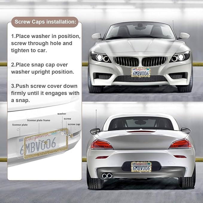 QUANQIUFEI 2 Pack Bling License Plate Frames for Women, Sparkly Rhinestone Diamond Car Accessories with Glitter Crystal Caps (Gold) - Image 5