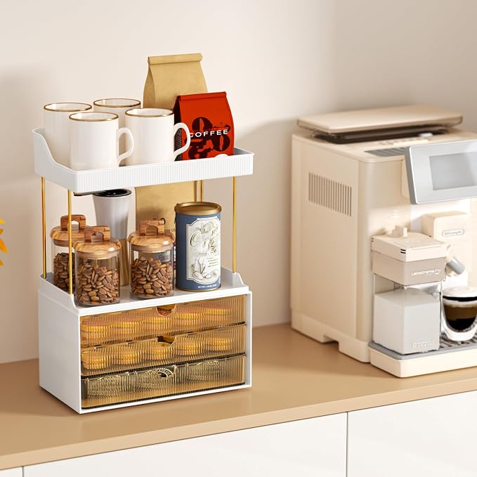 StorBin Arcylic 5-Tier Makeup & Skincare Organizer for Vanity, Bath, 2 Sets | Smooth 3 drawers, clear body, gold frame, non-slip, for perfumes, serums, face masks, palettes, vanity & bath counter,Amber - Image 3