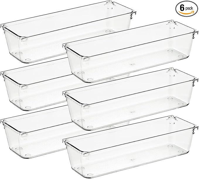 Ravinte 6 Pack Drawer Organizer, 3" x 9" Plastic Storage Bins | Acrylic Tray Design, Non-Slip Pads, For Makeup, Jewelry, Kitchen Utensils, Bathroom, Office Storage by Ravinte