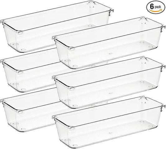Ravinte 6 Pack Drawer Organizer, 3" x 9" Plastic Storage Bins | Acrylic Tray Design, Non-Slip Pads, For Makeup, Jewelry, Kitchen Utensils, Bathroom, Office Storage by Ravinte