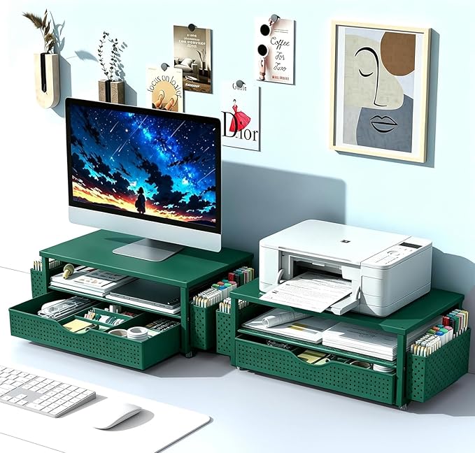 Spacrea Desk Organizer and Accessories, Computer Monitor Stand Riser with Drawer and 2 Pen Holders, Office Desk Accessories & Workspace Organizers for Office Supplies (Dark Green) - Image 7