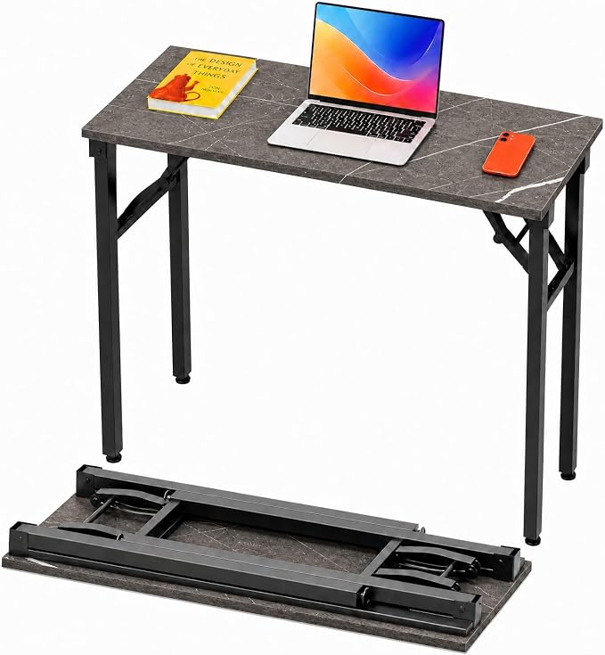 Folding Table Computer Desk - 35.8" No Assembly Folding Desk Design and Foldable Office Desk, Small Desk for Bedroom, Compact Storage Portable Use for Dorm and RV Small Space, Marble Greige by HMFOR