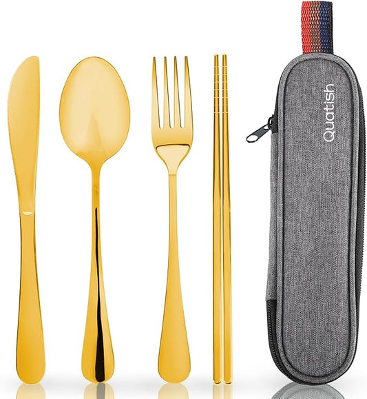Travel Utensils with Case, Quatish Portable Silverware Set for Work, Stainless Steel Reusable Travel Cutlery, Fork and Spoon Set for Camping, Picnic, Gadgets, Lunch Box for Men, Christmas Gift, Gold by Quatish