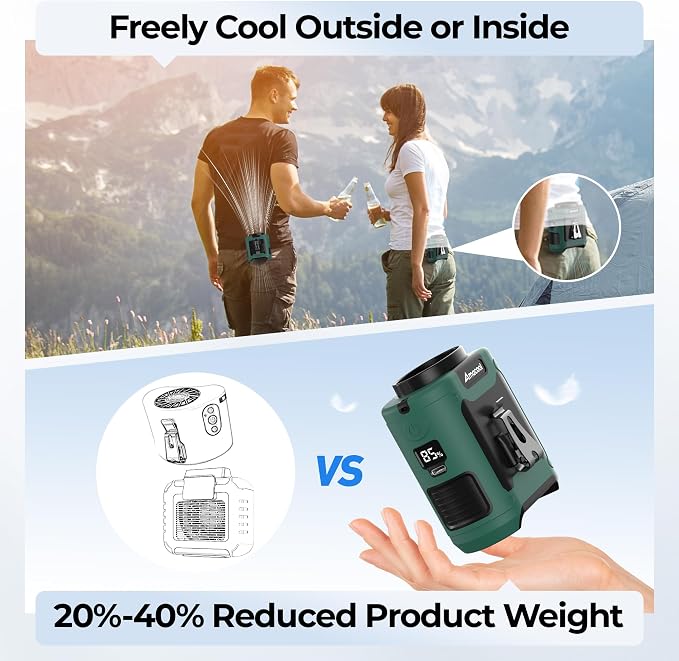 AMACOOL Portable Waist Fan Clip On, MAX 40H Work Time, 10000mAh Rechargeable Wearable Shirt Fan with Light, 16000RPM Powerful 5 Speeds Belt Fans Personal Cooling Fans for Outdoor Jobsite Travel - Image 7