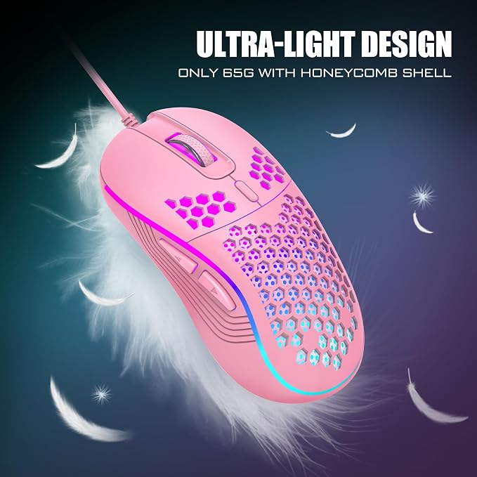 RedThunder 60% Gaming Keyboard and Mouse Combo, Ultra-Compact 61 Keys RGB Backlit Mini Keyboard, Lightweight 7200 DPI Honeycomb Optical Mouse, RGB Wired Gaming Set for PC MAC PS5 Xbox Gamer(Pink) - Image 5