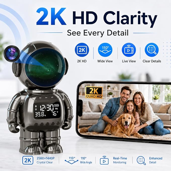 DYPCO Indoor Security Clock Camera with Temperature and Humidity Monitoring, Smart Clock Camera with Alarm Function, Real-Time Alerts for Home Safety - Image 3