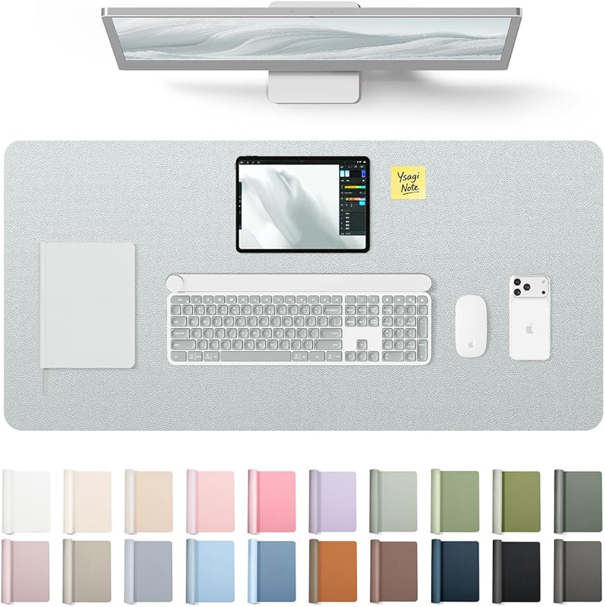 YSAGi Leather Desk Pad Protector, Office Desk Mat, Large Mouse Pad, Non-Slip PU Leather Desk Blotter, Laptop Desk Pad, Waterproof Desk Writing Pad for Office and Home (Silver, 31.5" x 15.8") by YSAGi