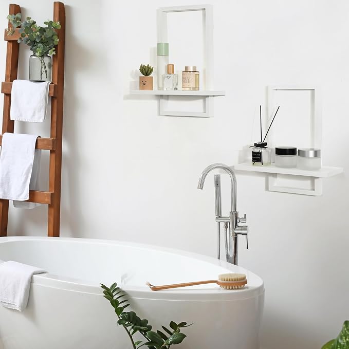PHOENANCEE Square Wall Shelf,Framed Floating Shelves Set of 2,Decorative Plants Hanging Display Chic for Living Room Bedroom Bathroom Home Office,Soild Wood,L+S,White - Image 6