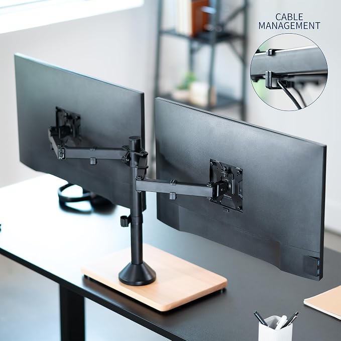 VIVO Dual Monitor Desk Stand for 13 to 32 inch Screens, STAND-V002FD-B | Articulating, Freestanding Adjustable Monitor Arm, Black with Wood Base, Computer Stand for 2 Monitors, Holds 22 lbs Each - Image 7