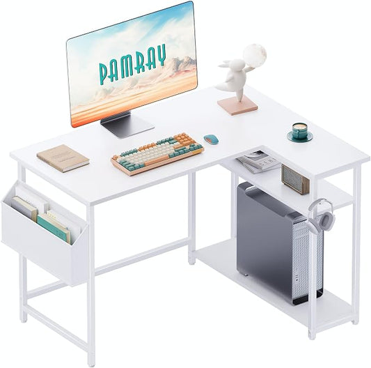 Pamray 40 Inch L Shaped Computer Desk with Reversible Side Storage Shelves, Small Corner Desk for Small Space Home Office, Writing Study Table PC Desk for Bedroom, White by PAMRAY