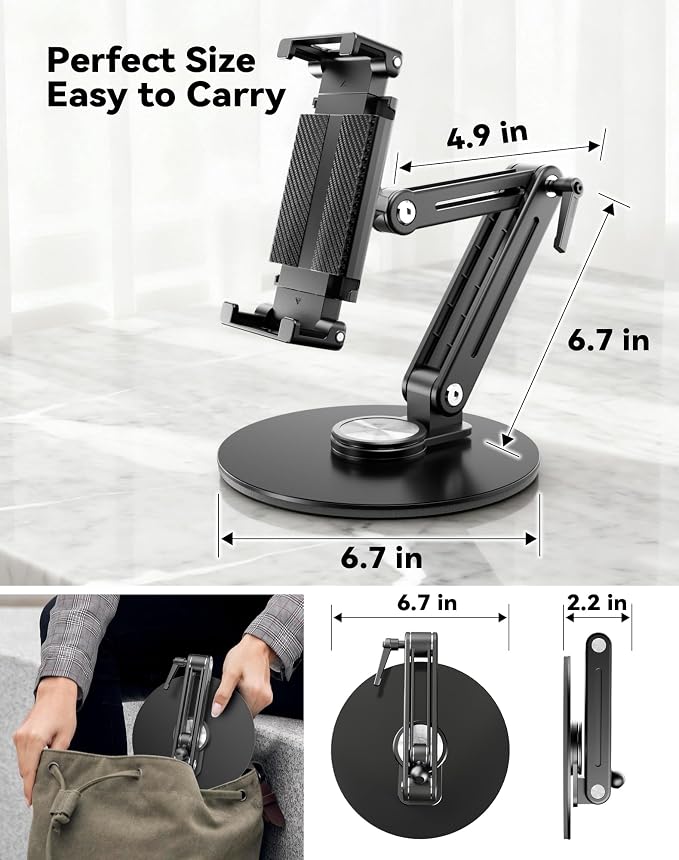 Portable Monitor Stand Large Clamp - Heavy Duty Aluminum Body Support up to 4.4LBS 16" 17.3" 18.5 inch 360° Rotating Base Swivel Foldable Desk Stand for iPad Holder Tablet Mount for Kitchen/Travel - Image 5