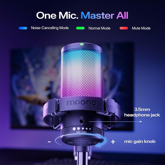 MAONO DGM20S Gaming Microphone for PC with Clear Voice & Noise Reduction | RGB Lighting, Tap-to-mute, Gain Control, Headphone Monitoring and Boom Arm for Discord Gaming, Streaming, Content Creation - Image 5