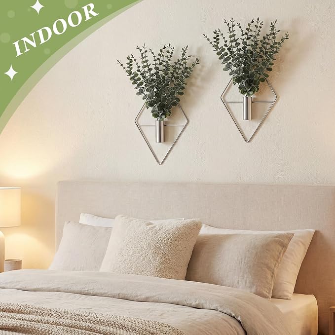 Jexine 4 Pcs Hanging Planters with Artificial Eucalyptus Metal Hanging Vase Indoor Plants Holder Modern Geometric Boho Bathroom Wall Decor for Living Room Home Office (Eucalyptus,Silver) - Image 7