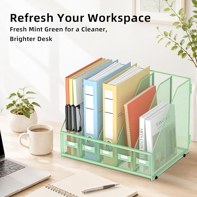 SUPEASY Desk Organizers Metal Desk Magazine File Holder with 5 Vertical Compartments Rack File Organizer for Office Desktop, Classroom, Home Workspace, Green, Plus - Image 7