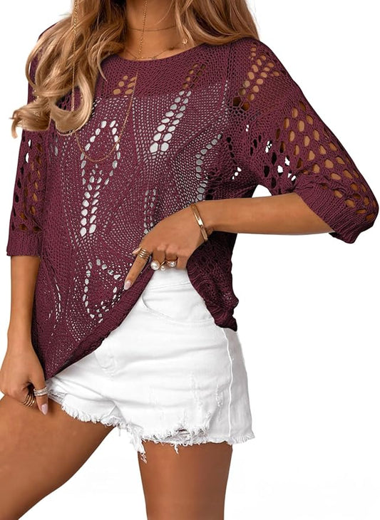 EVALESS Womens Crochet Hollow Out Knit Tops Half Sleeve Spring Summer Sweaters Beach Cover Ups for Women Trendy 2026 by EVALESS