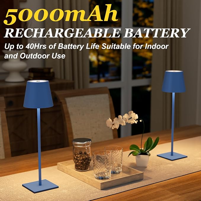 Kakanuo Cordless Rechargeable Table Lamp Navy 5000mAh Battery Operated Lamps, 3 Colors Stepless Dimming Touch Lamp for Living Room, Kitchen Counter, Dining, Outdoor Patio, 2 Pack - Image 2