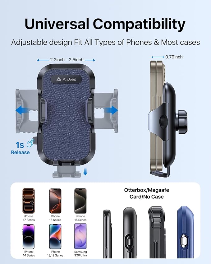 andobil Car Phone Holder, 2026 Military-Grade 89lbs Strongest Suction Phone Holders for Your Car Dashboard/Windshield/Vent Easy Clamp Cellphone Holder Truck Stand for iPhone 17 16 15 Pro Max, Blue - Image 5