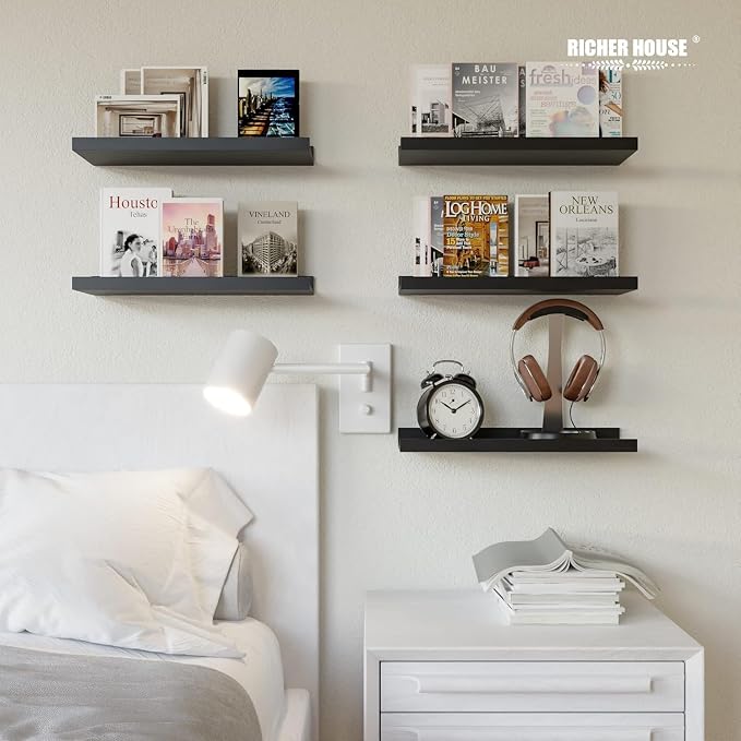 RICHER HOUSE 5 Set Floating Wall Mounted Shelves, Black Shelves for Wall Decor, Modern Picture Ledge Shelf with Lip for Storage, Nursery, Bedroom, Living Room, Bathroom - Black | Display Picture Ledge Shelf, Anti-drop lip Shelf for Room Wall Decor, Bed... - Image 4