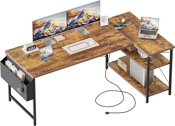 Mericonia 55 inch L Shaped Gaming Desk, Large Corner Desk with Shelves | Reversible Computer Desk with Power Outlets & Storage Bag, Office Table for Home Bedroom Study Work Writing by MERICONIA