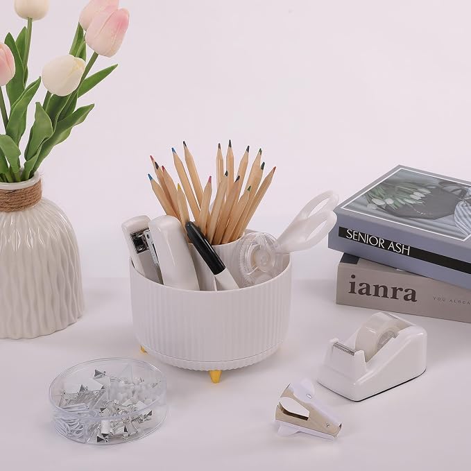 SKYDUE White Office Supplies Set, Office Desk Accessories 10PCS, Pencil Holder for Desk, Stapler, Tape Dispenser, Scissors, Ruler, Binder/Paper Clips and 1000pcs Staples,Desk Supplies Set - Image 5
